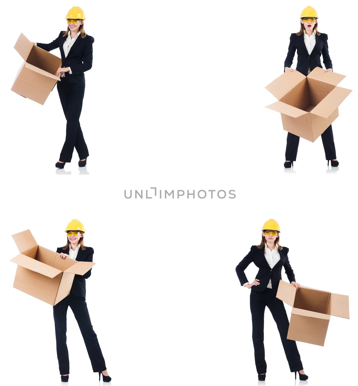 Woman builder with box isolated on white 