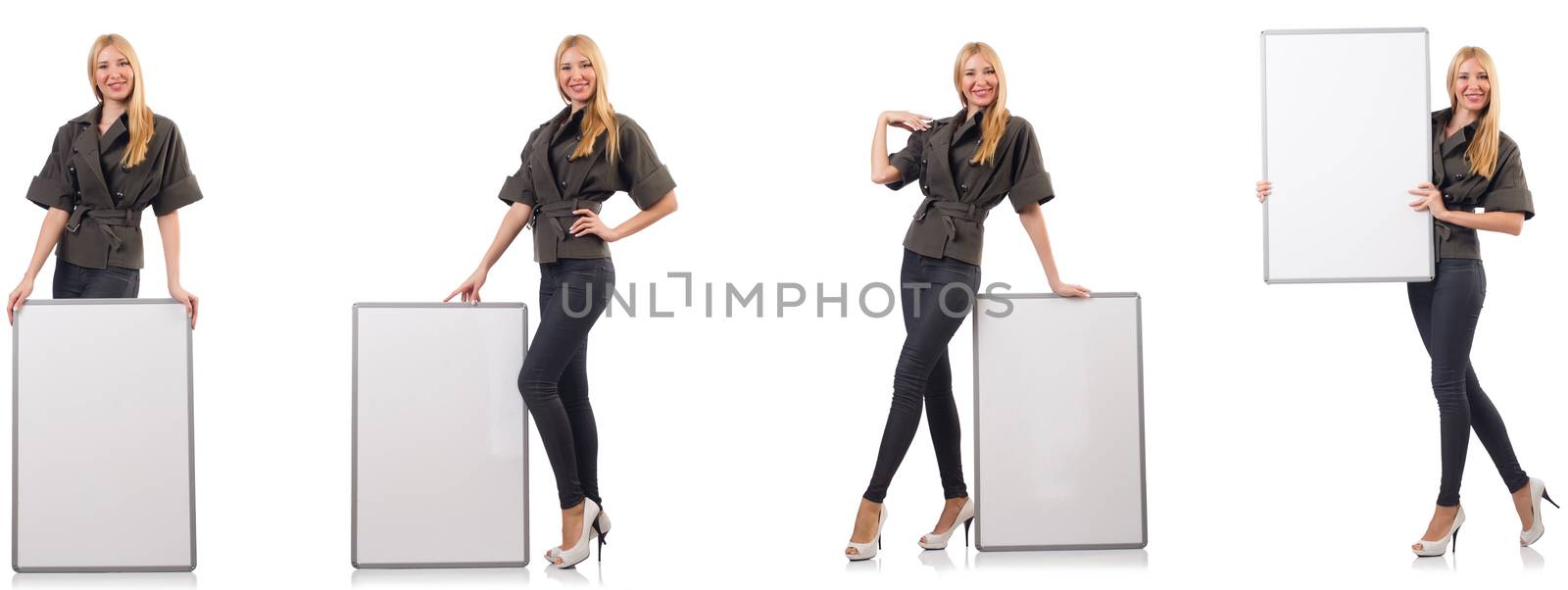 Young beautiful woman with whiteboard isolated on white 