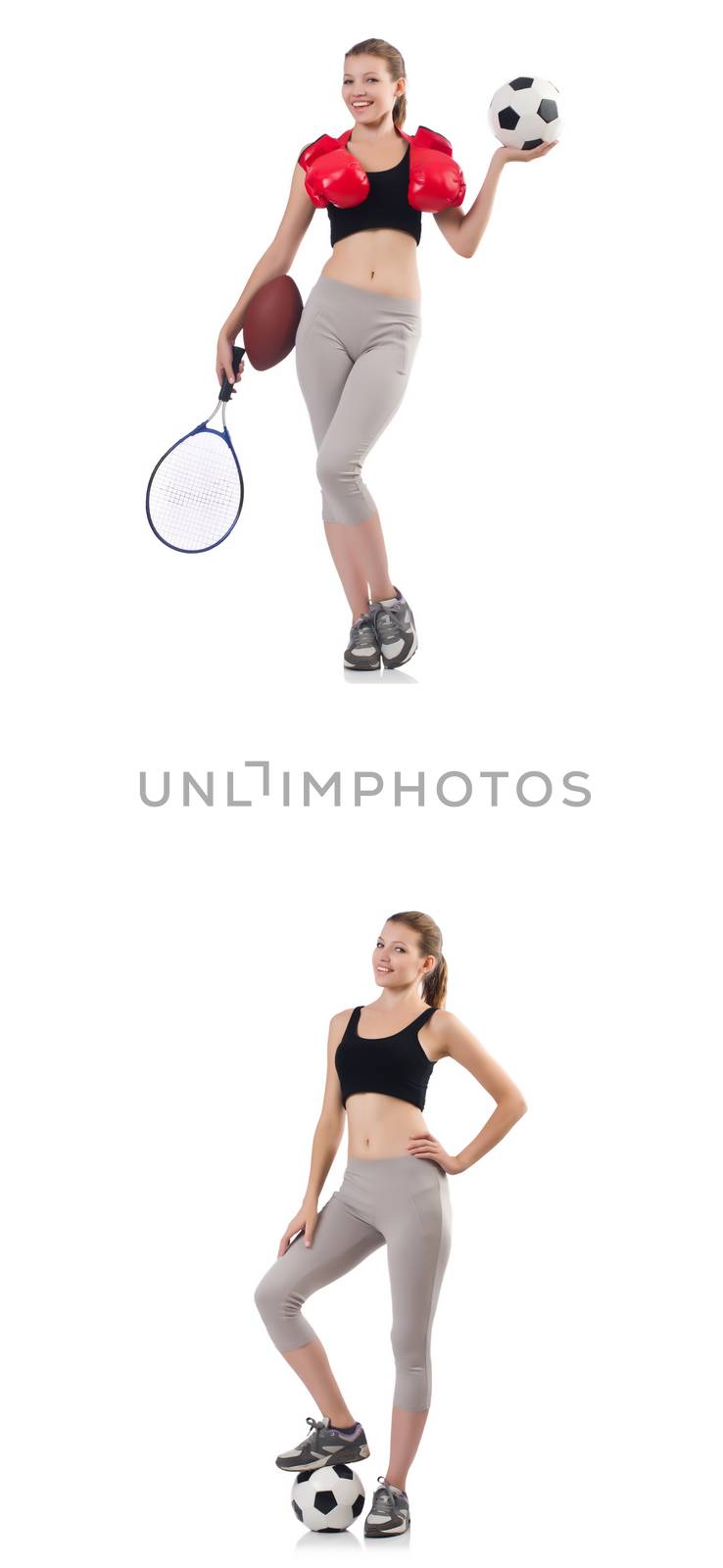 Young woman with football, rugby ball, boxing gloves and tennis racquet 