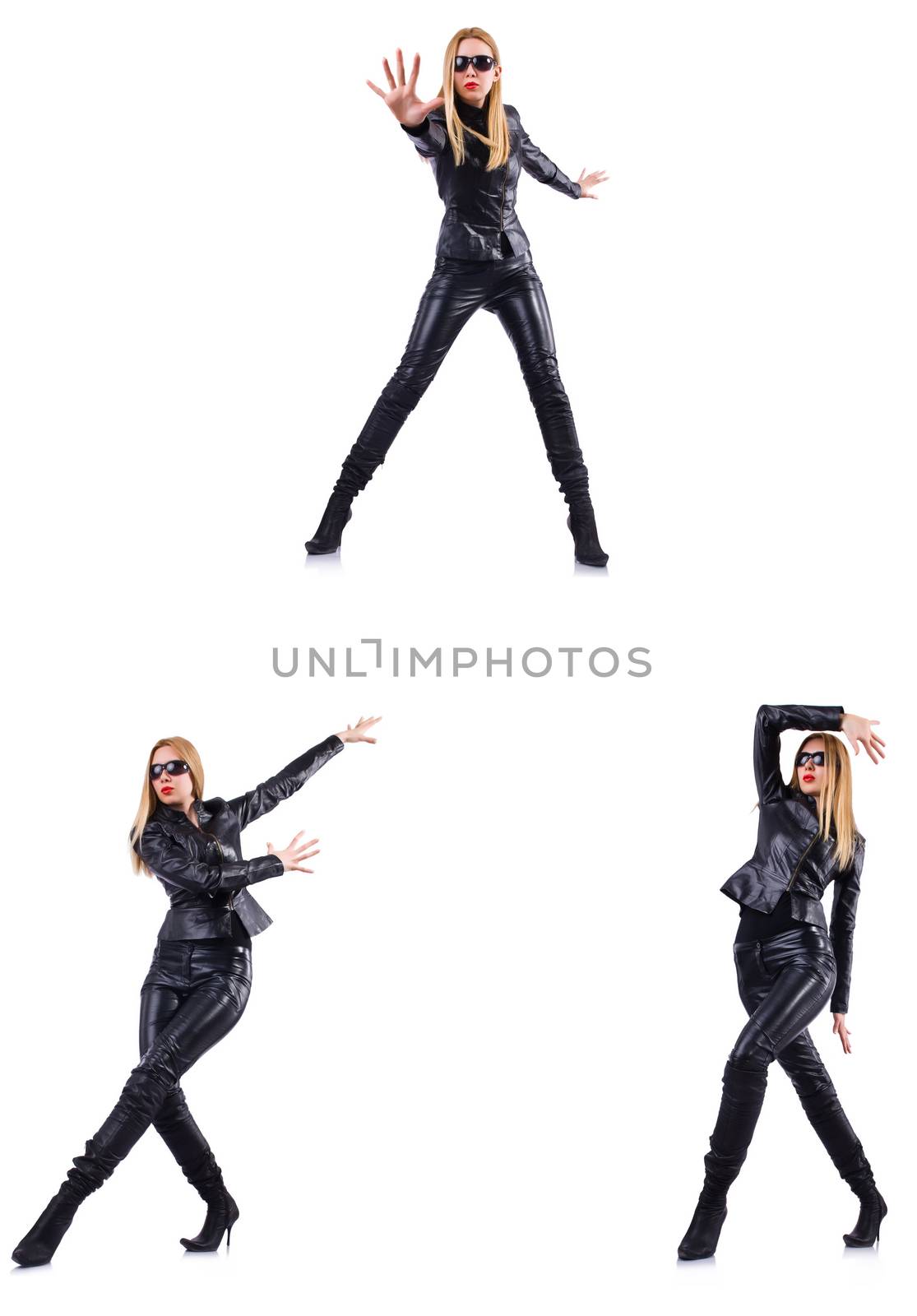 Dancing woman in black leather costume