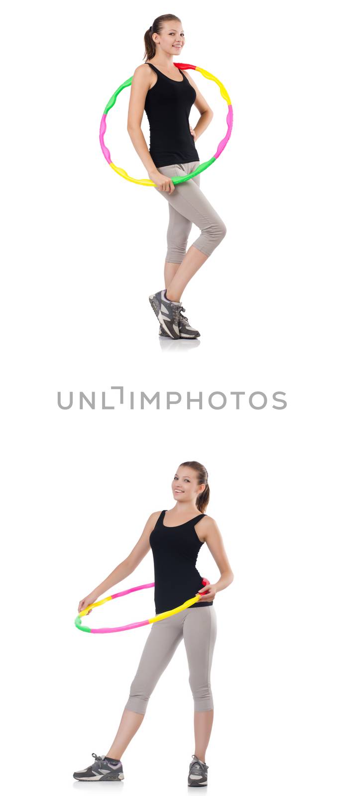 Young woman with hula hoop isolated on white 