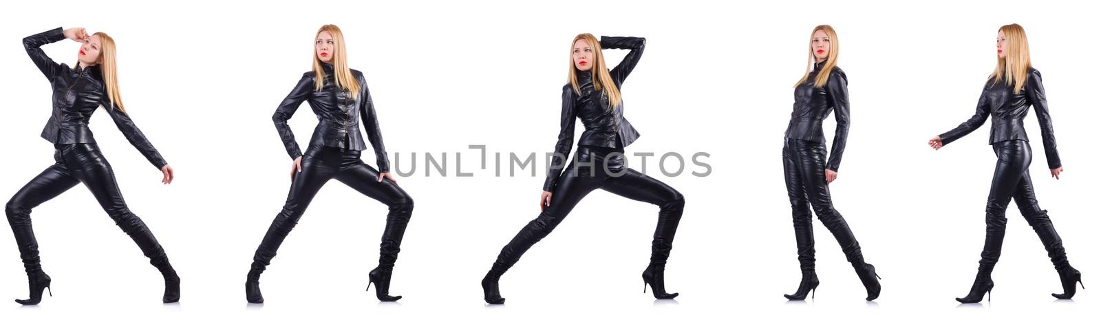 Dancing woman in black leather costume by Elnur