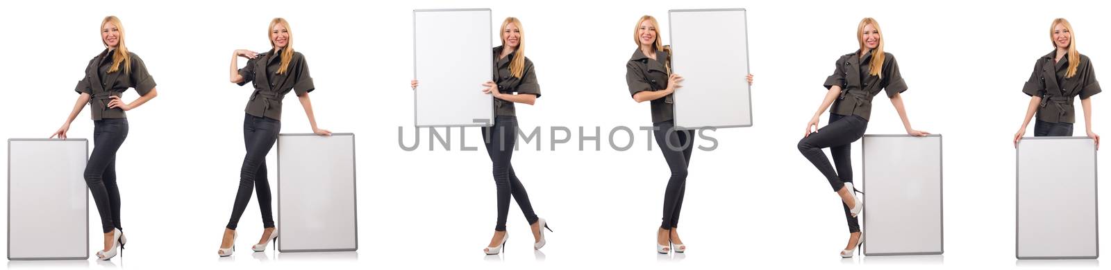 Young beautiful woman with whiteboard isolated on white 