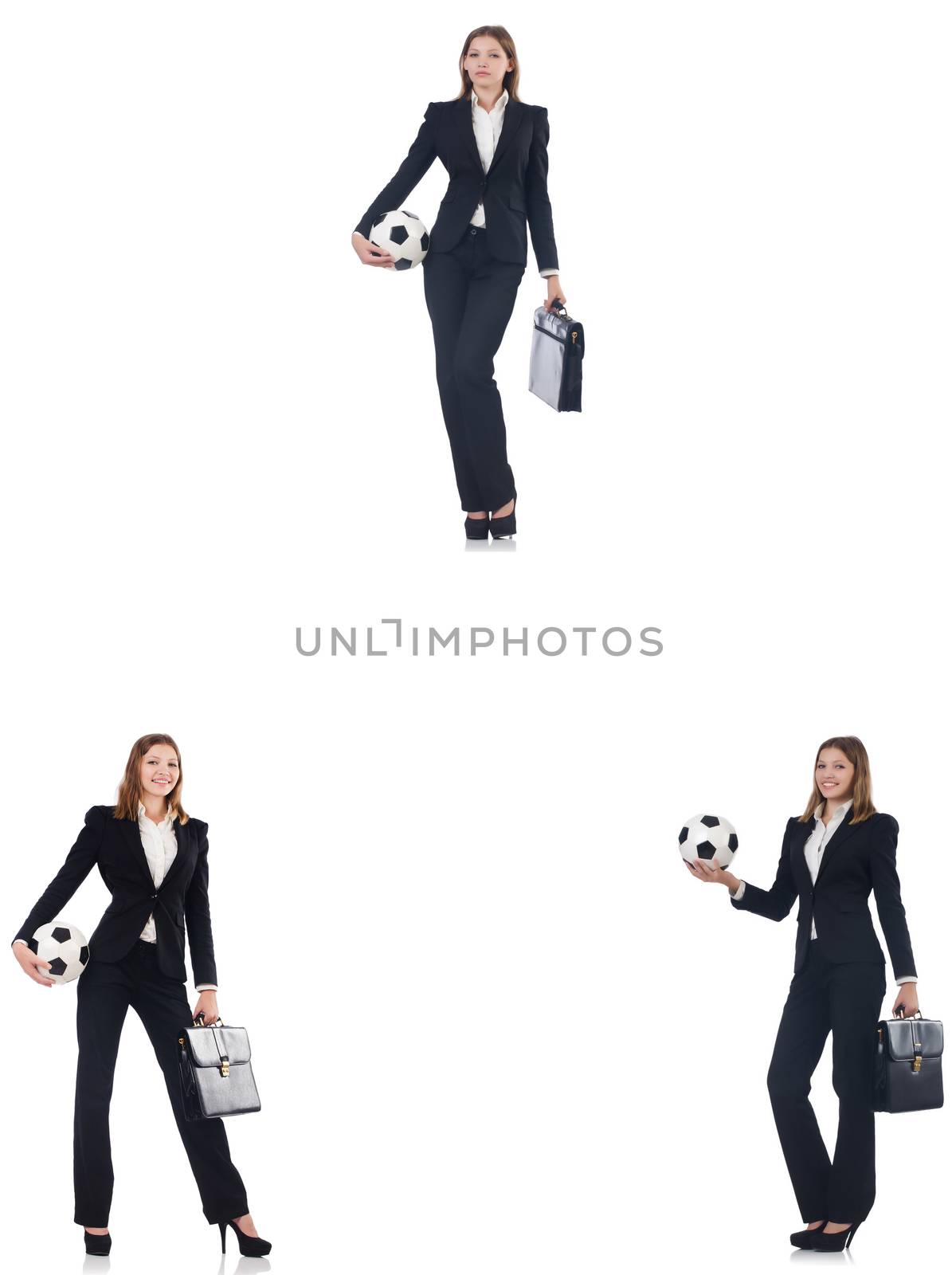 Businesslady with ball on white 