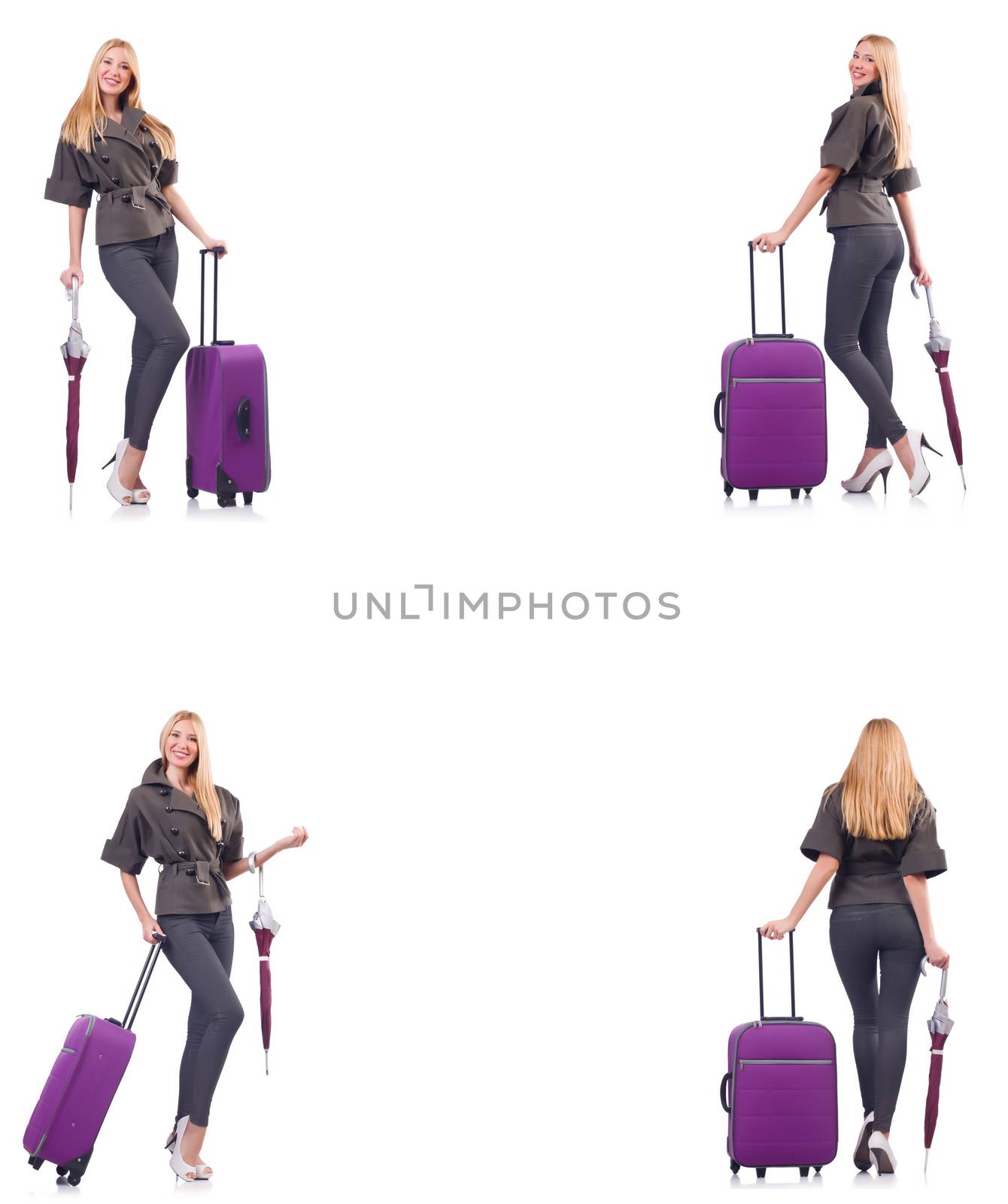 Young beautiful woman with suitcase and umbrella isolated on white 