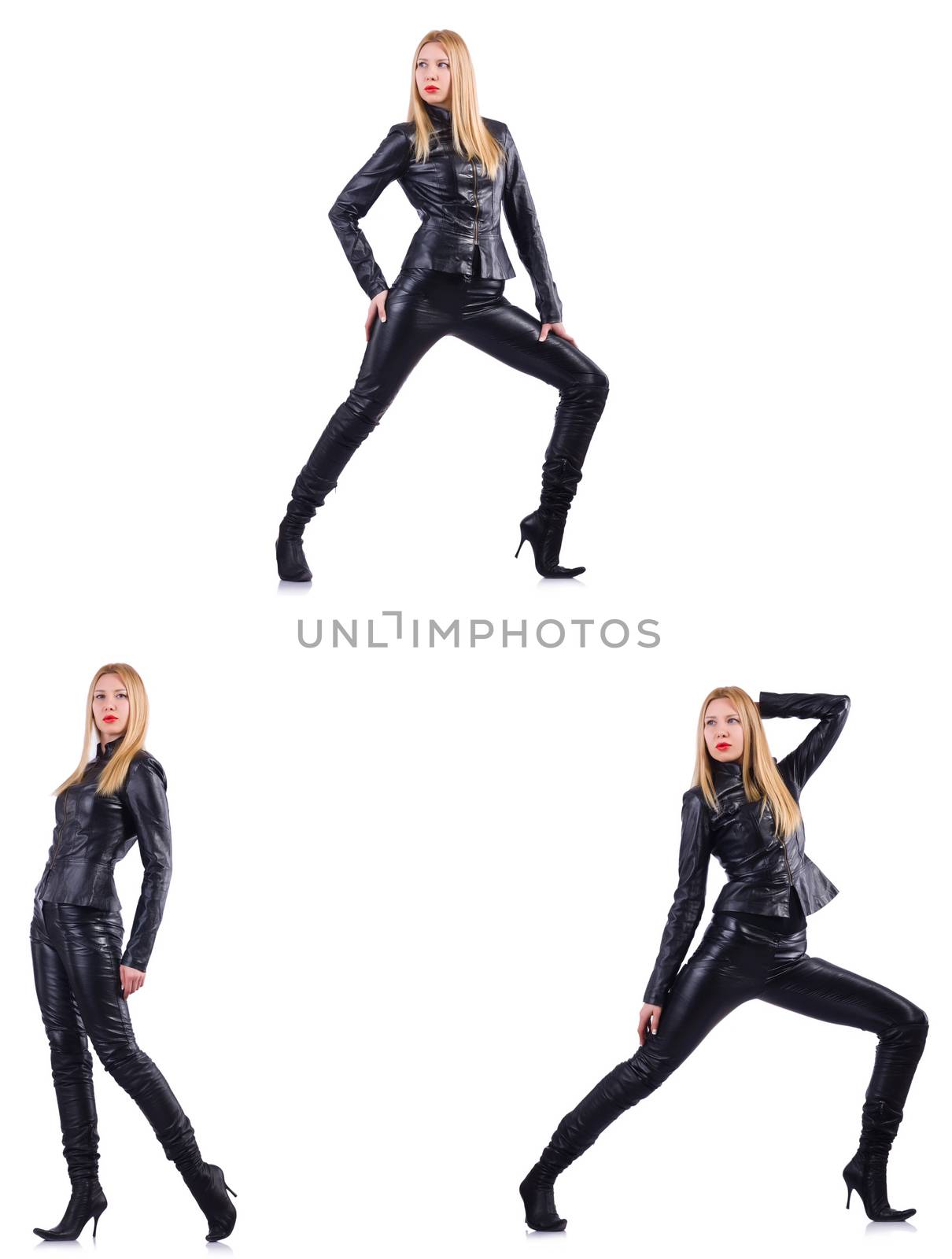 Dancing woman in black leather costume