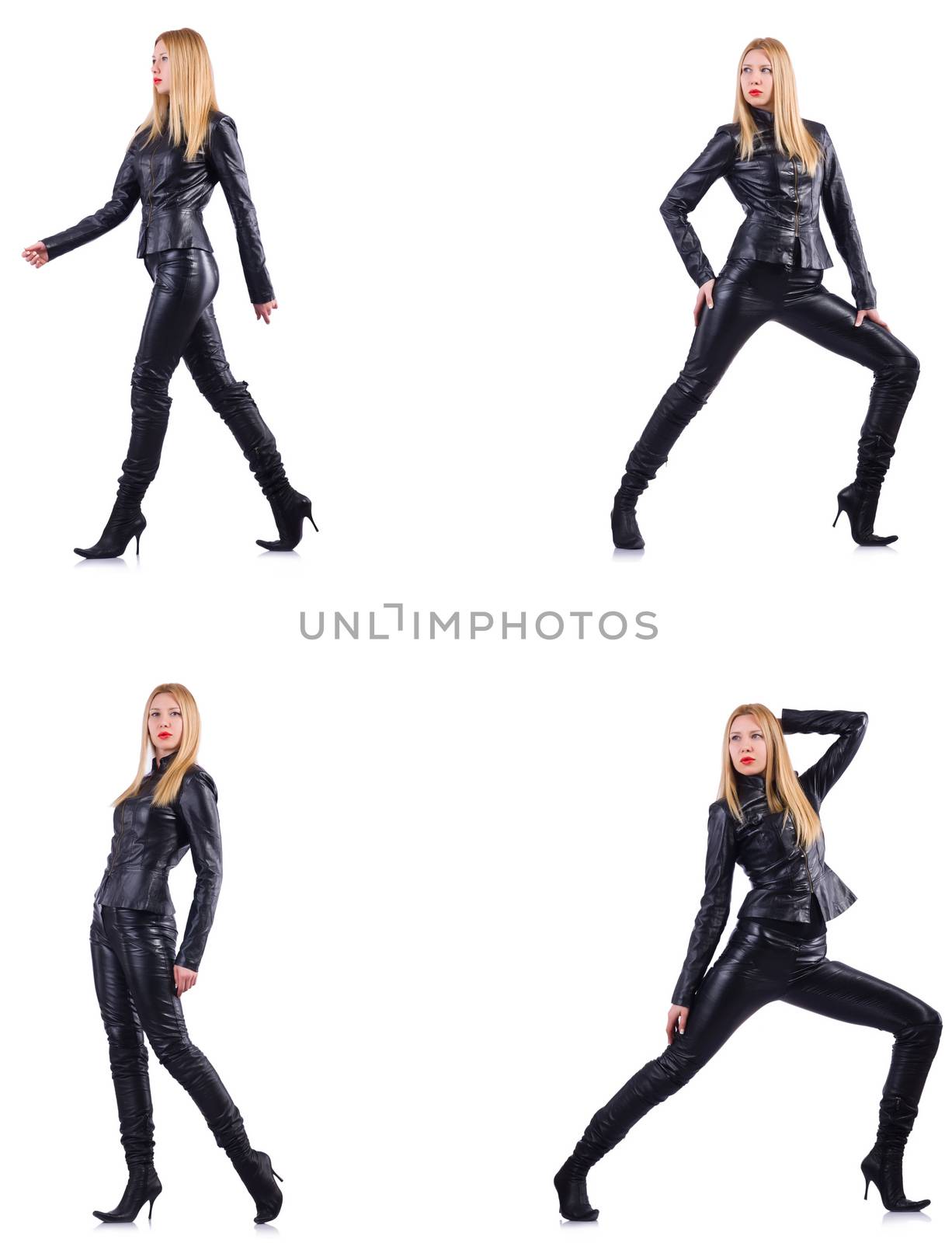 Dancing woman in black leather costume