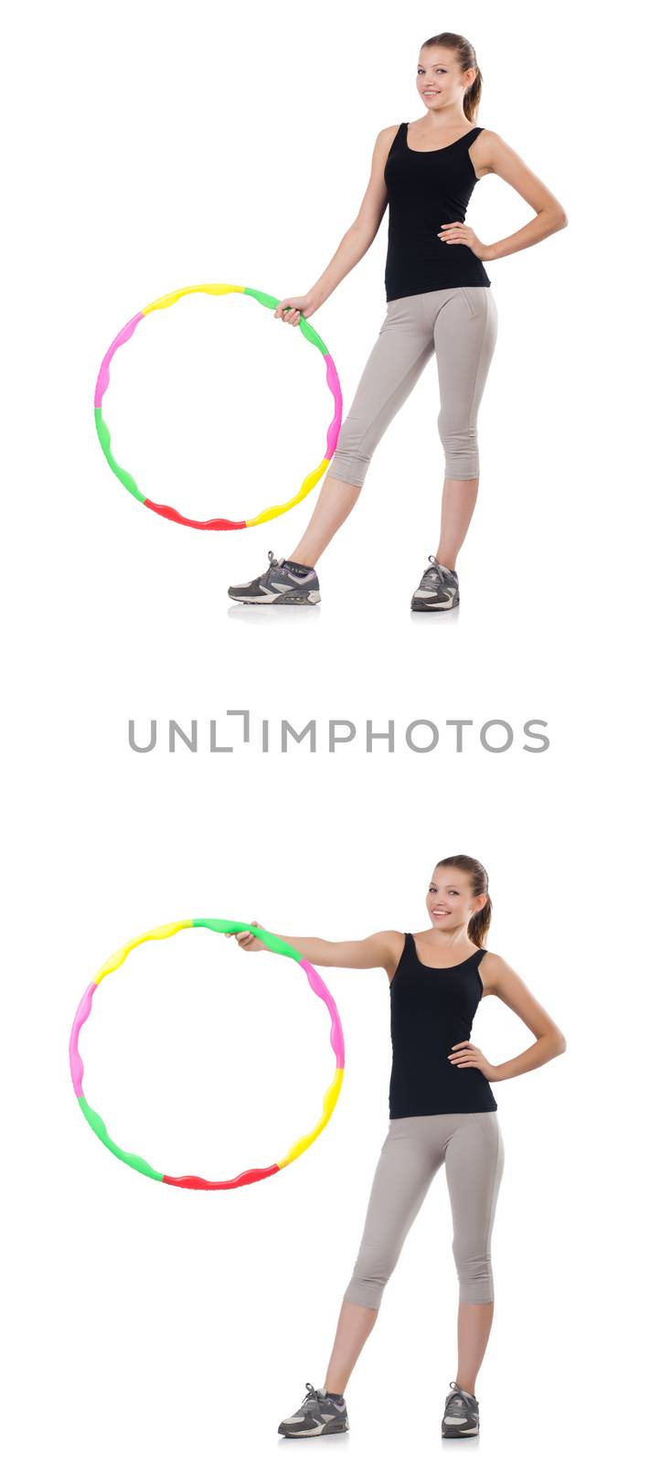 Young woman with hula hoop isolated on white 