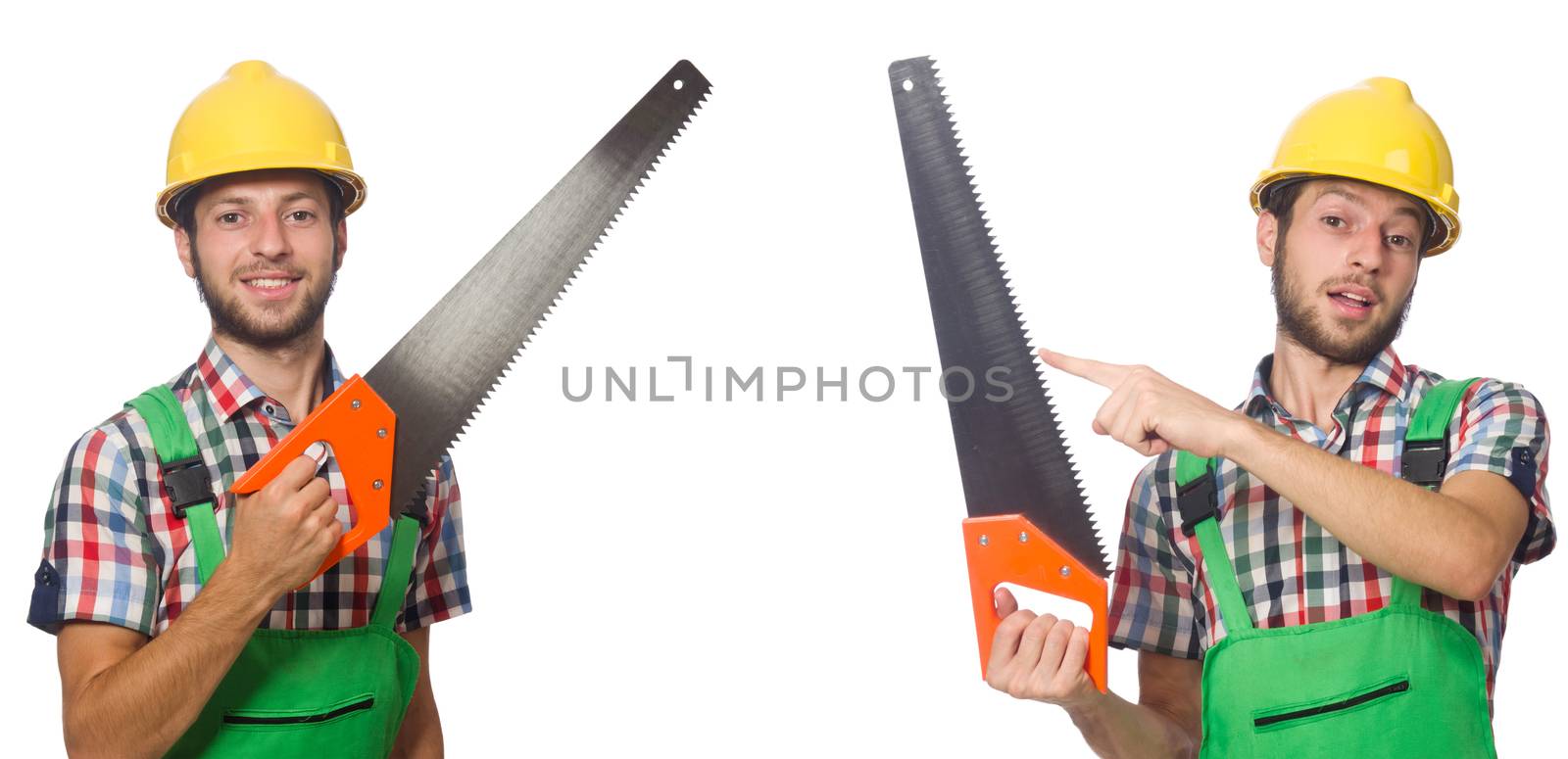 Industrial worker with saw isolated on white