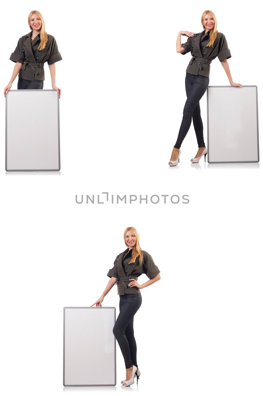 Young beautiful woman with whiteboard isolated on white 