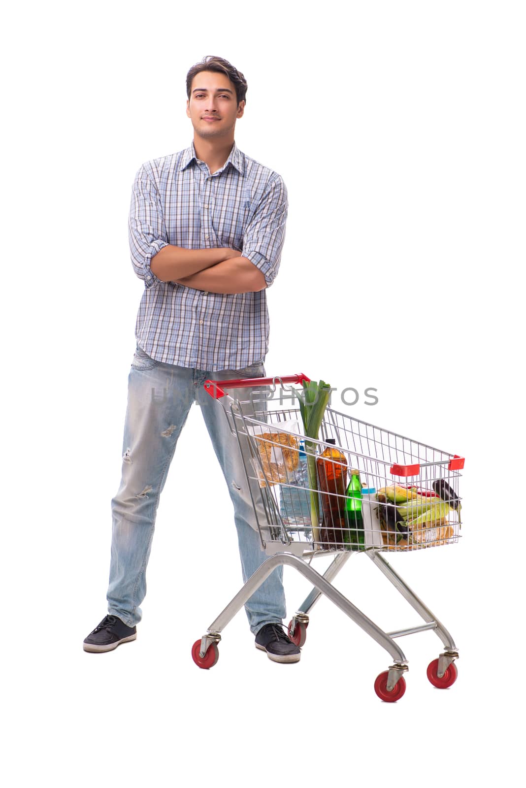 Young man with supermarket cart trolley on white