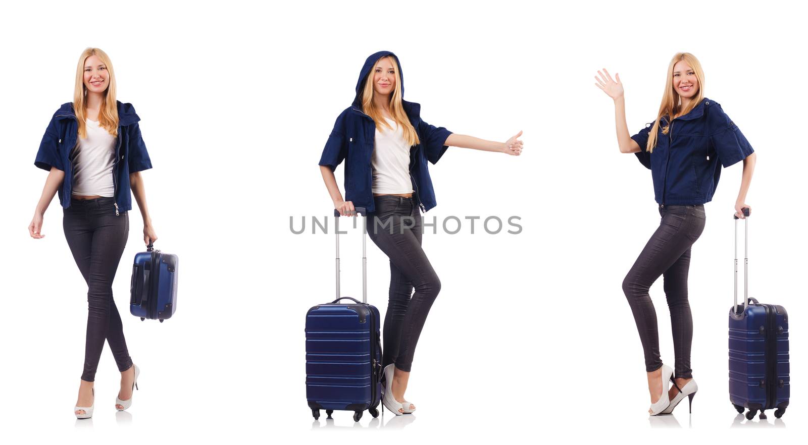 Beautiful woman with suitcase in vacation concept 