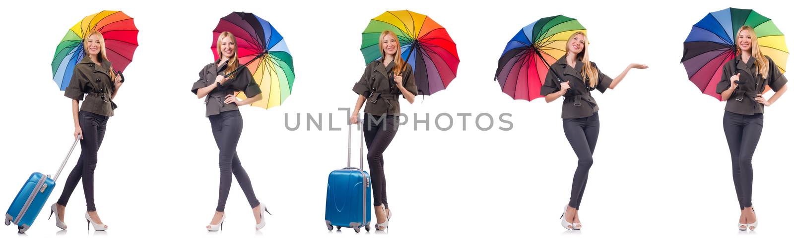 Woman with suitcase and umbrella isolated on white  by Elnur