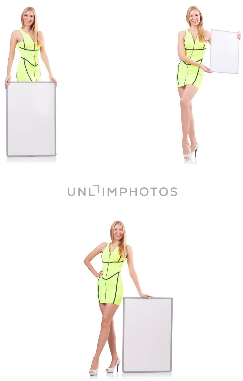 Beautiful woman holding whiteboard isolated on white 