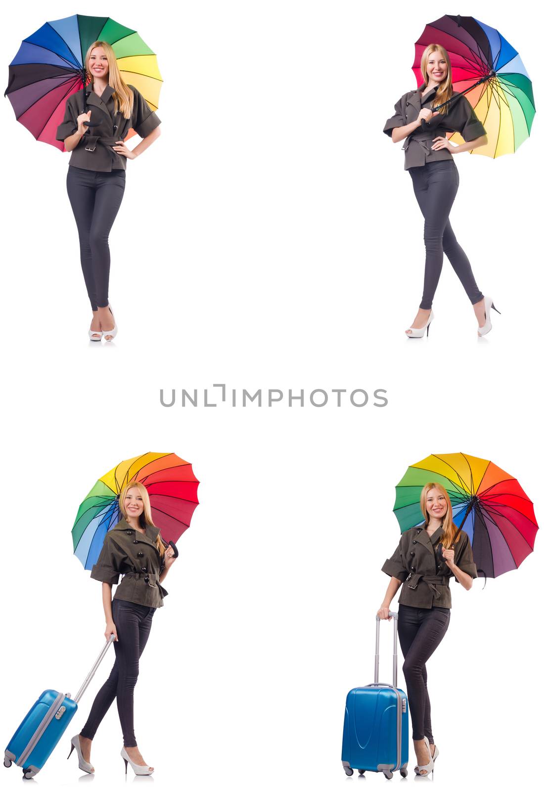Woman with suitcase and umbrella isolated on white 