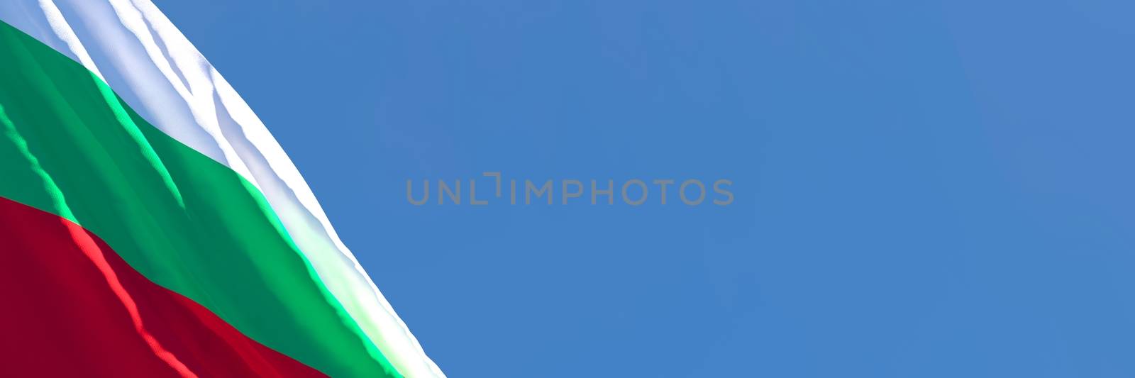 3D rendering of the national flag of Bulgaria waving in the wind against a blue sky.