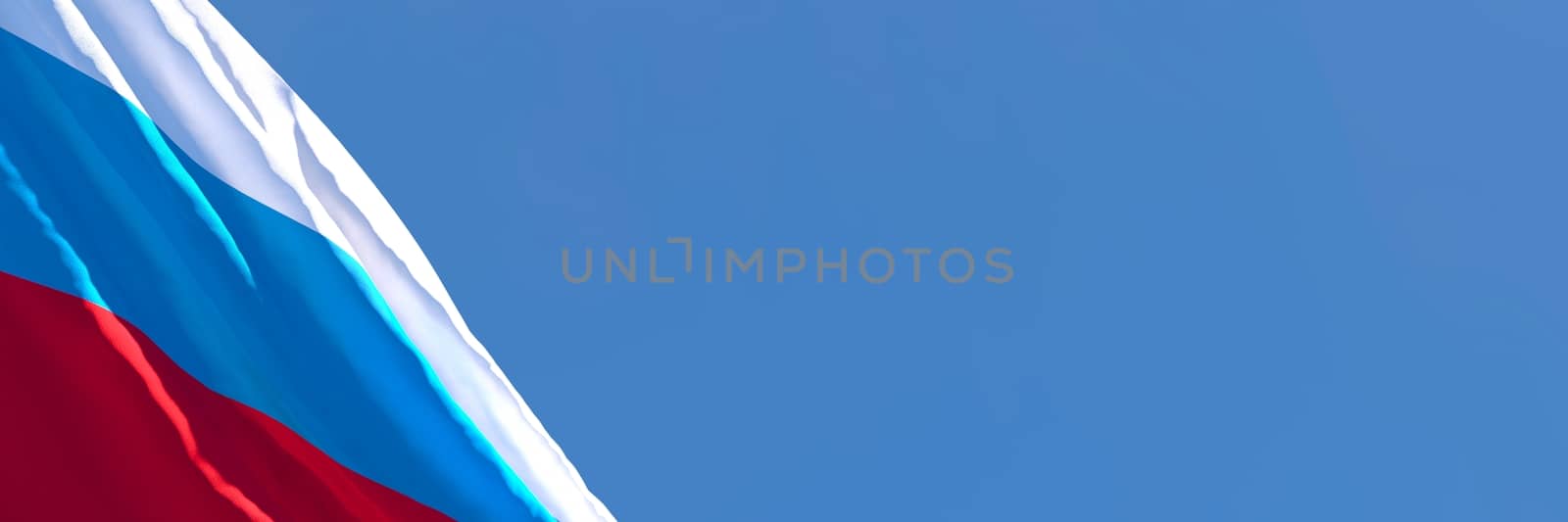 3D rendering of the national flag of Russia waving in the wind against a blue sky