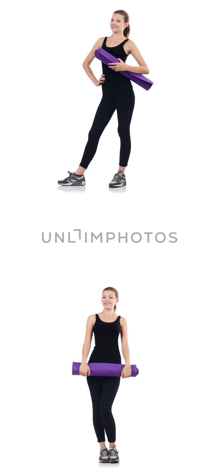 Young woman doing exercises isolated on white 