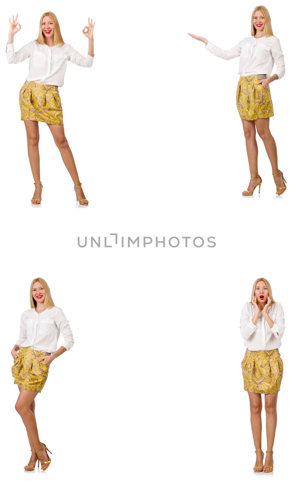 Collage of woman in fashion look isolated on white