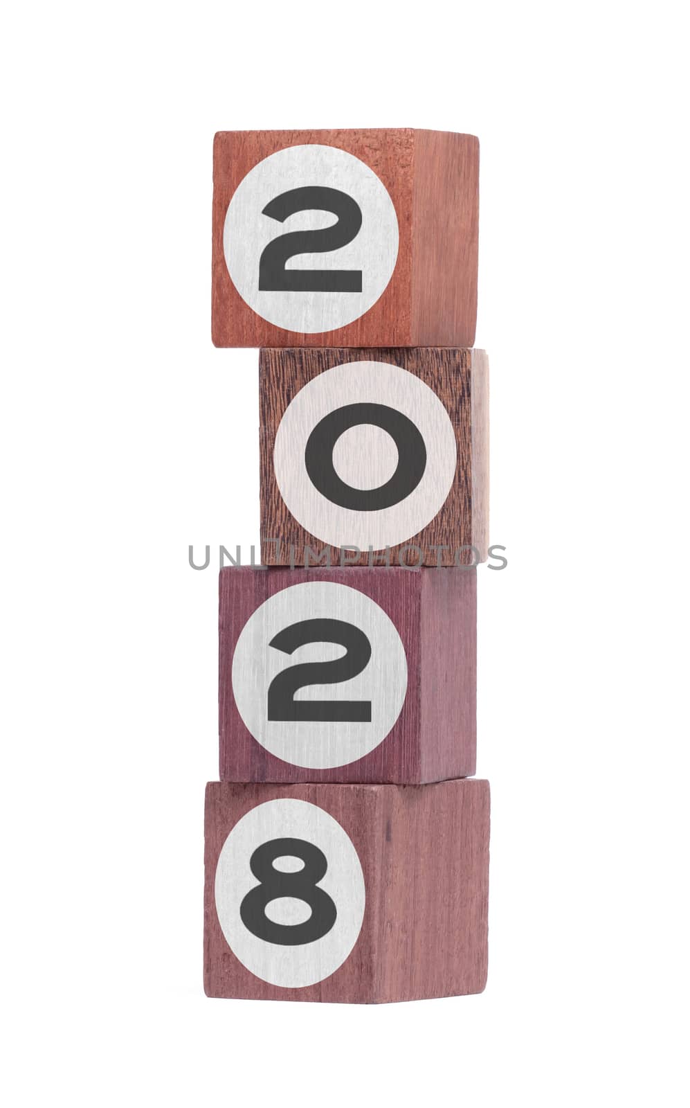 Four isolated hardwood toy blocks on white, saying 2028