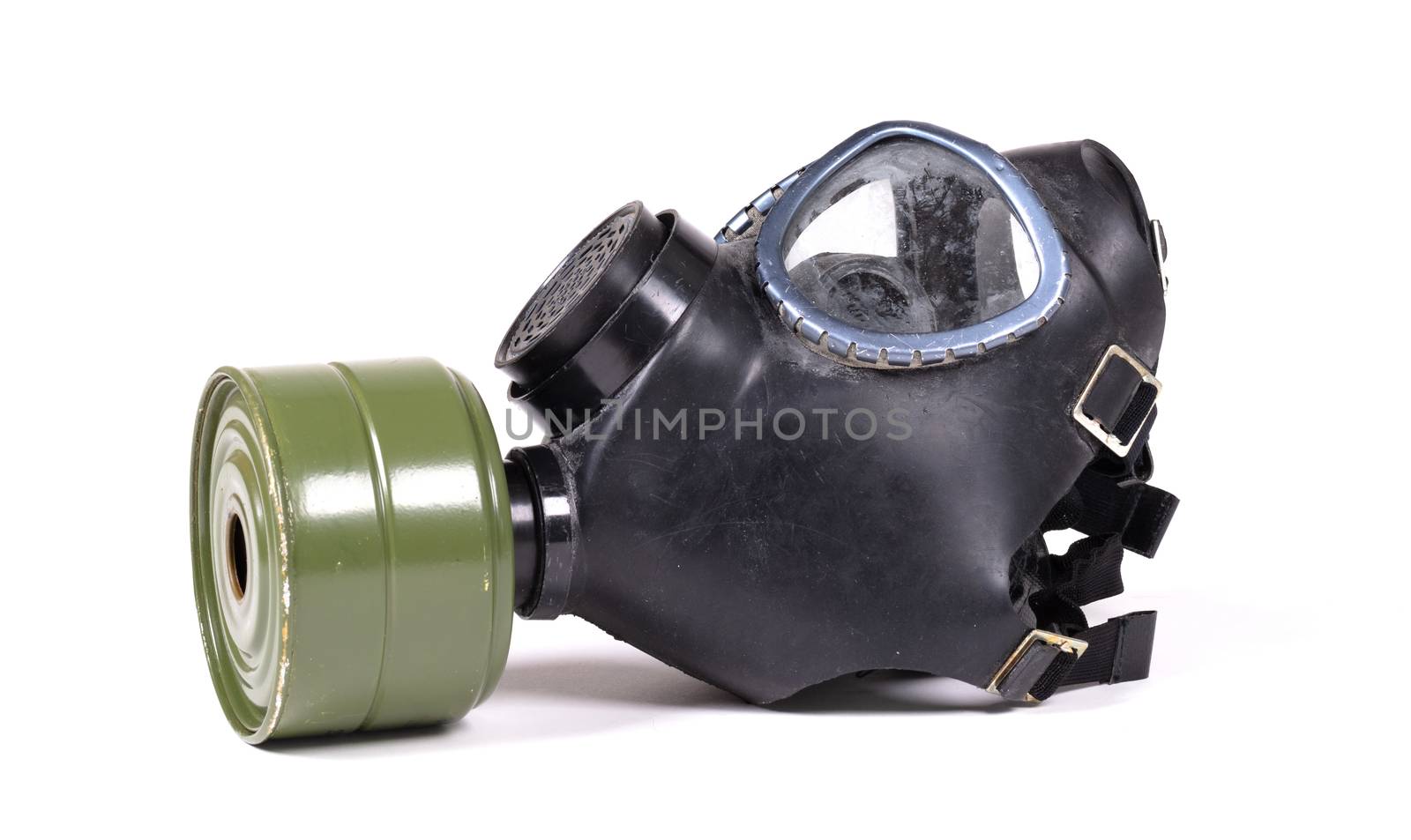Vintage gasmask isolated on white - Green filter by michaklootwijk
