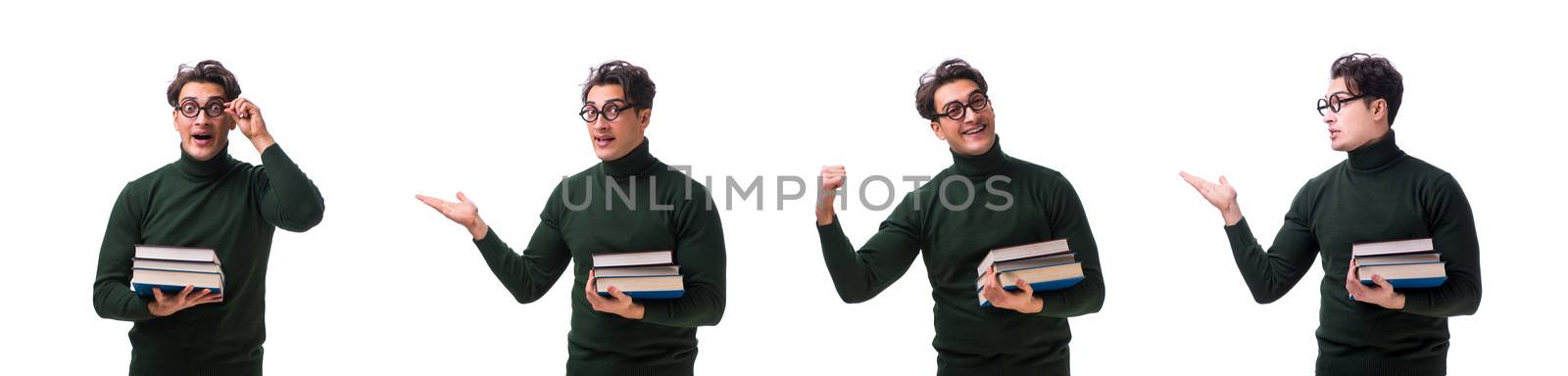 Nerd young student with books isolated on white