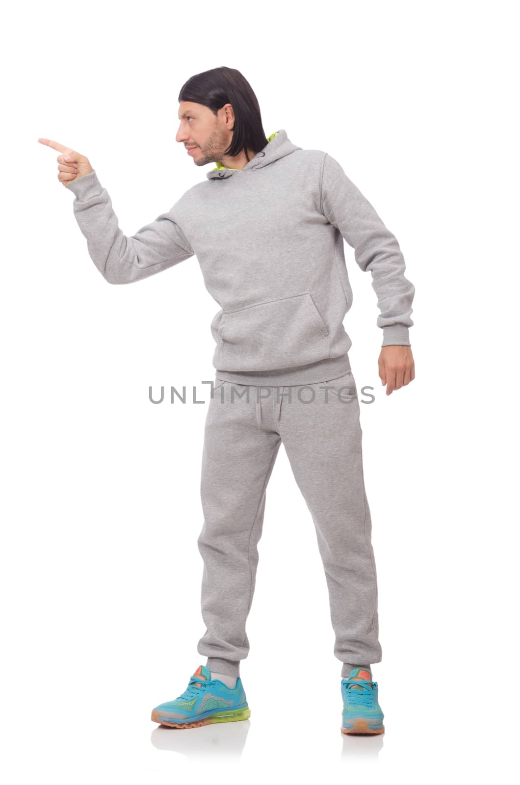 Young man exercising isolated on white background