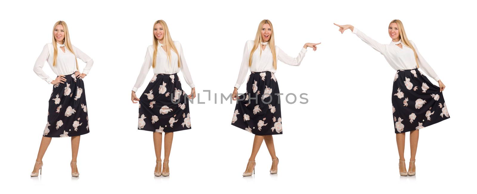 Pretty girl in black skirt with flowers isolated on white