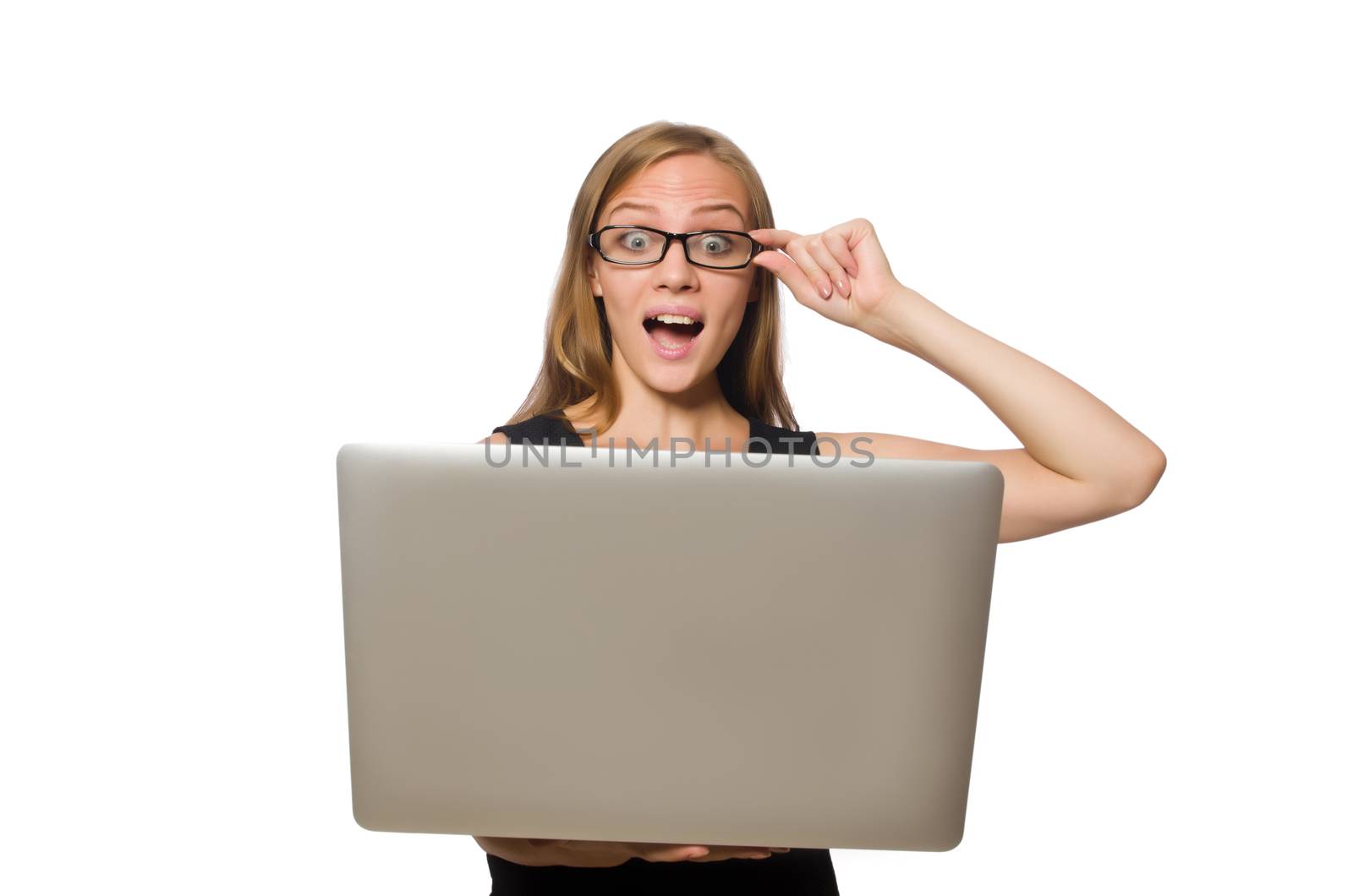 Woman with laptop isolated on white 