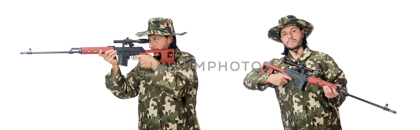 Soldier with weapons isolated on white