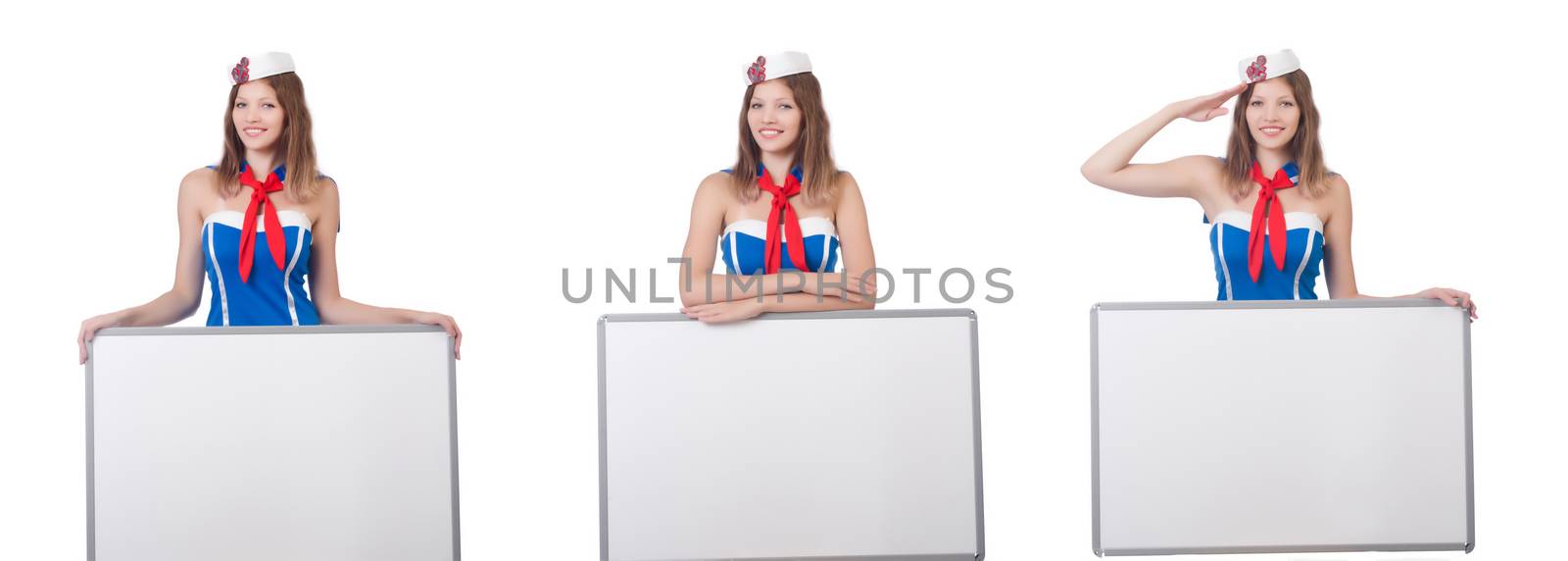 Young woman with blank board on white by Elnur