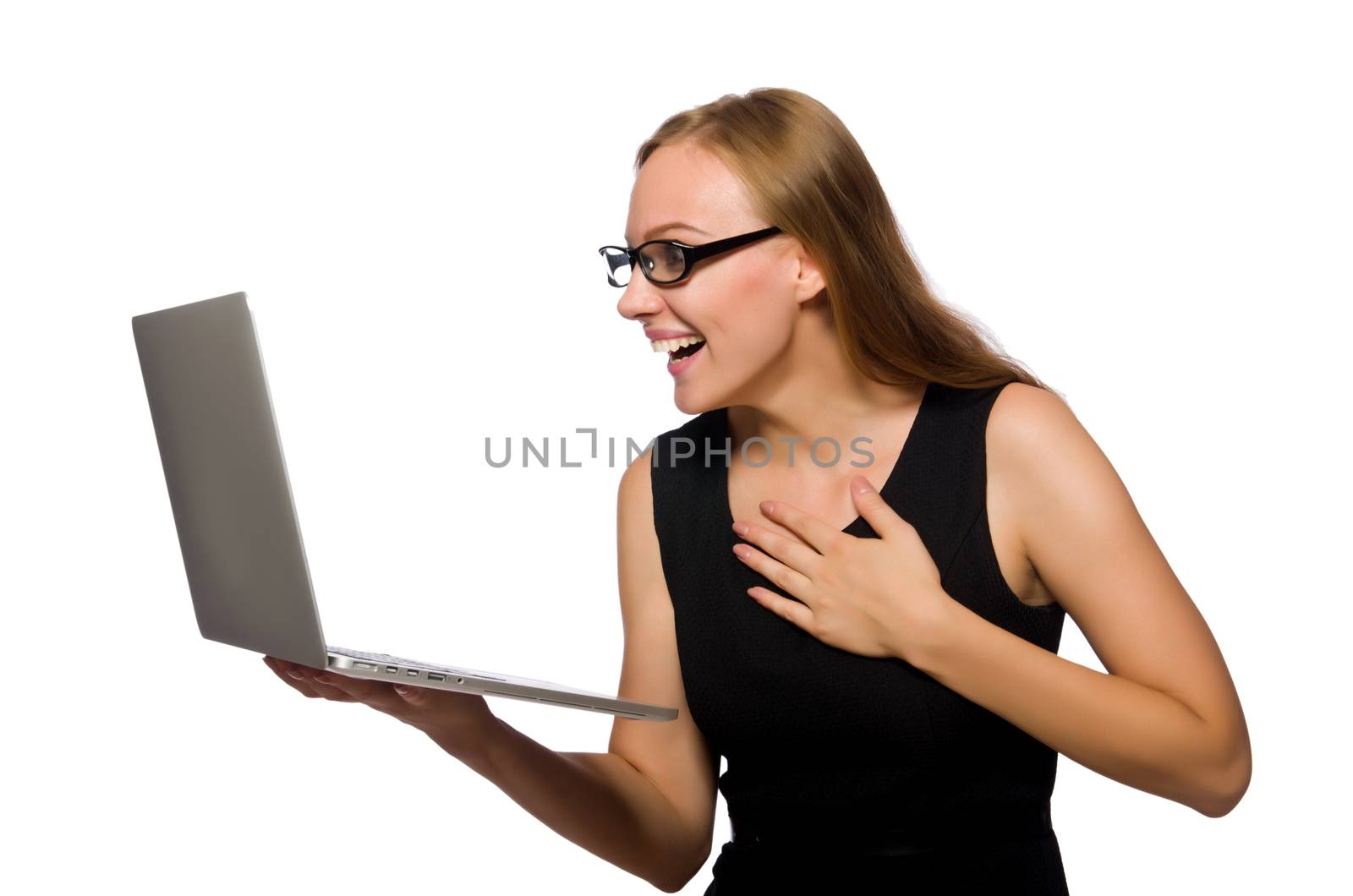 Woman with laptop isolated on white 