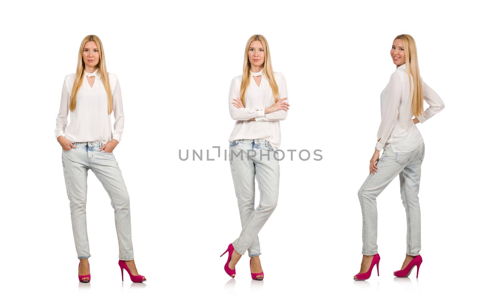 Pretty woman in blue jeans isolated on white