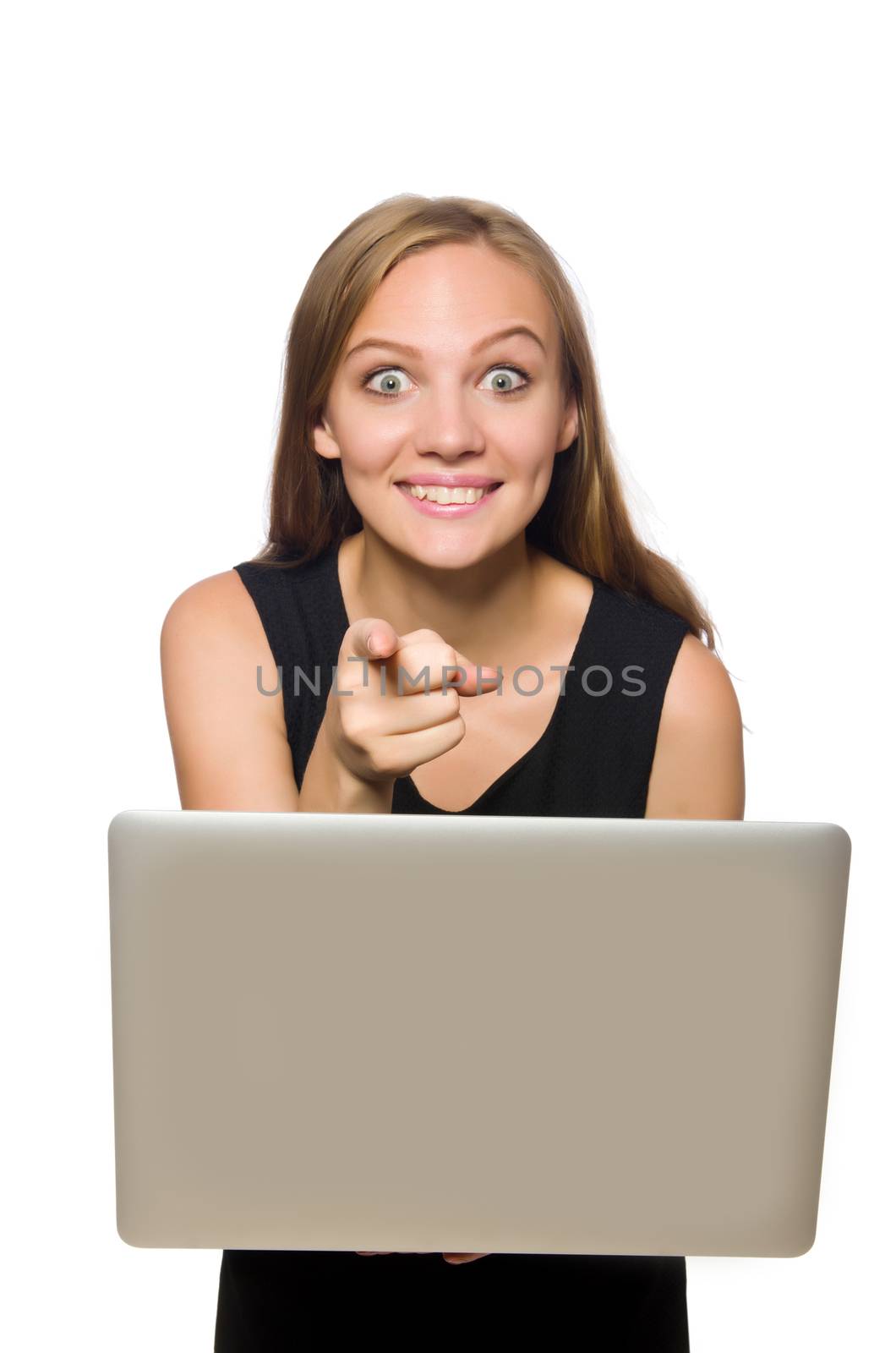 Woman with laptop isolated on white 