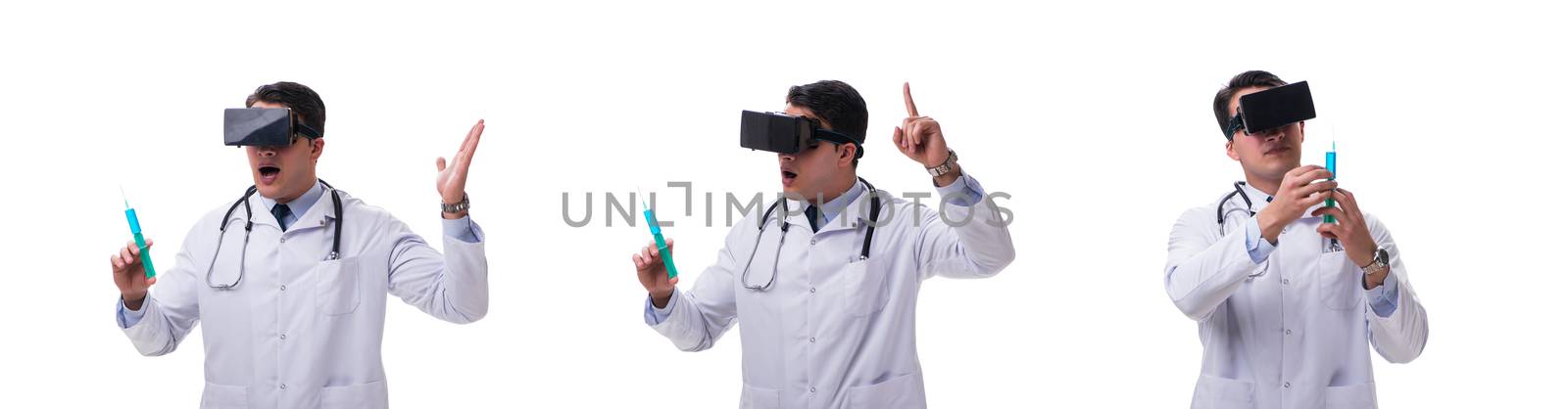 Doctor wearing a vr virtual reality headset isolated on white background