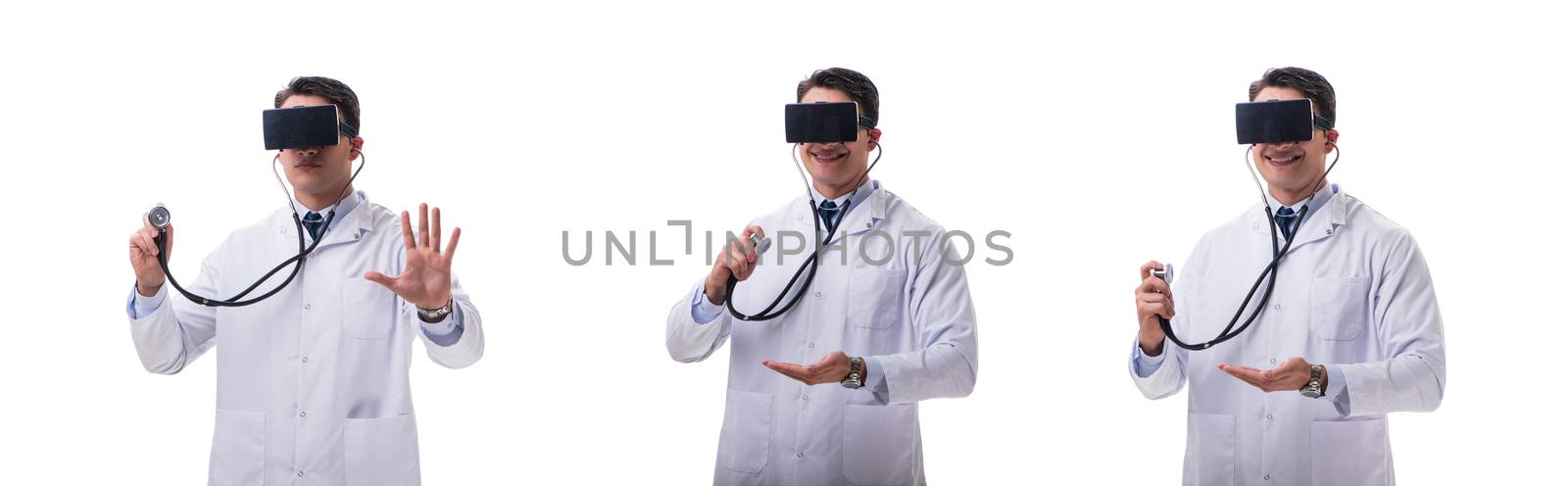 Doctor wearing a vr virtual reality headset isolated on white background
