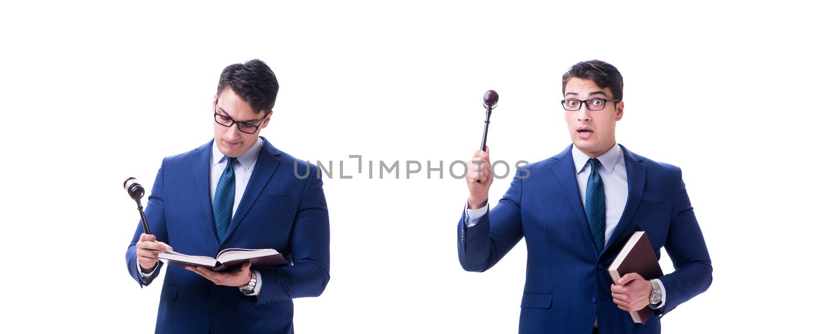 Lawyer law student with a gavel isolated on white background