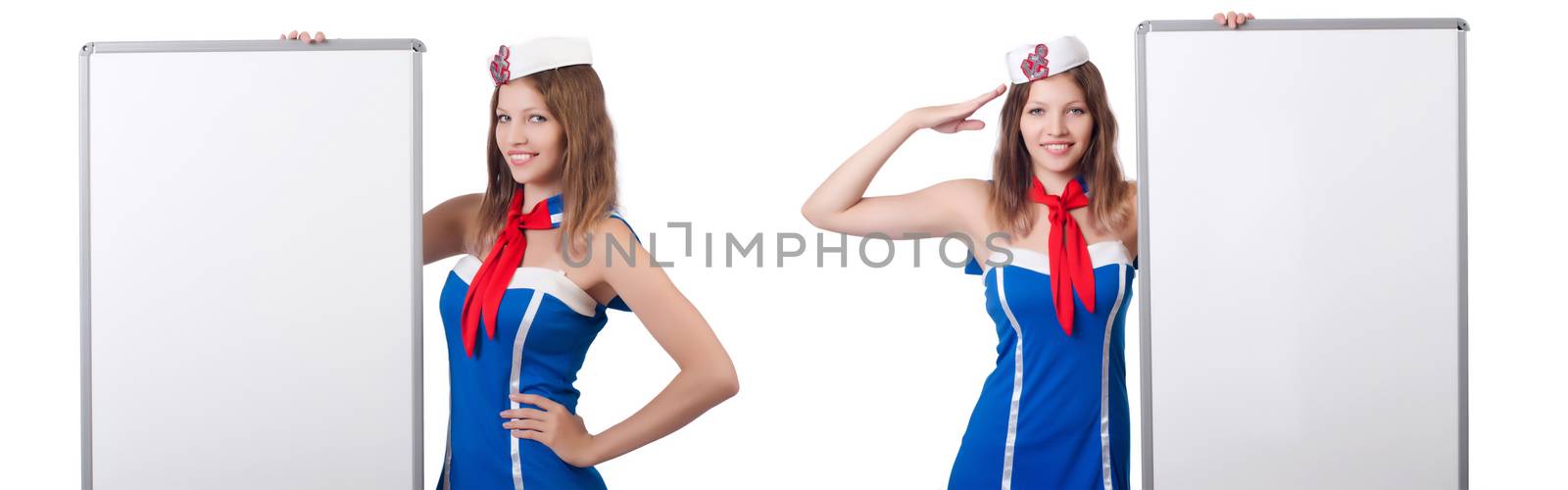 Young woman with blank board on white