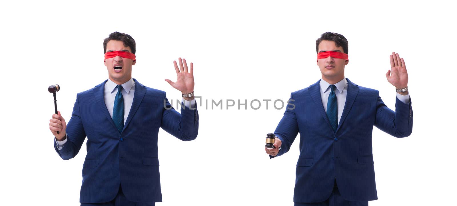 Lawyer with blindfold holding a gavel isolated on white