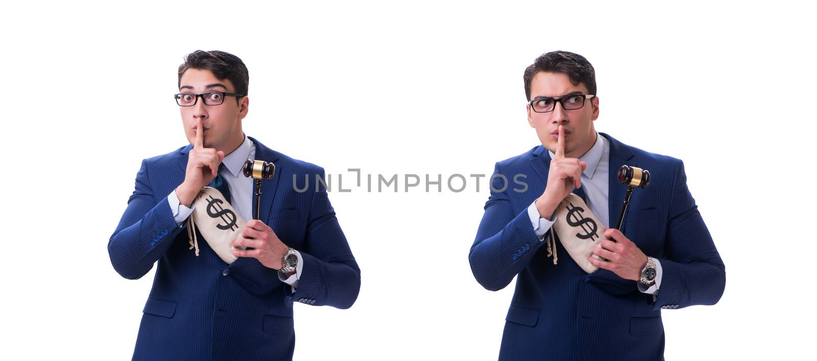 Lawyer with a gavel and a moneybag money bad isolated on white