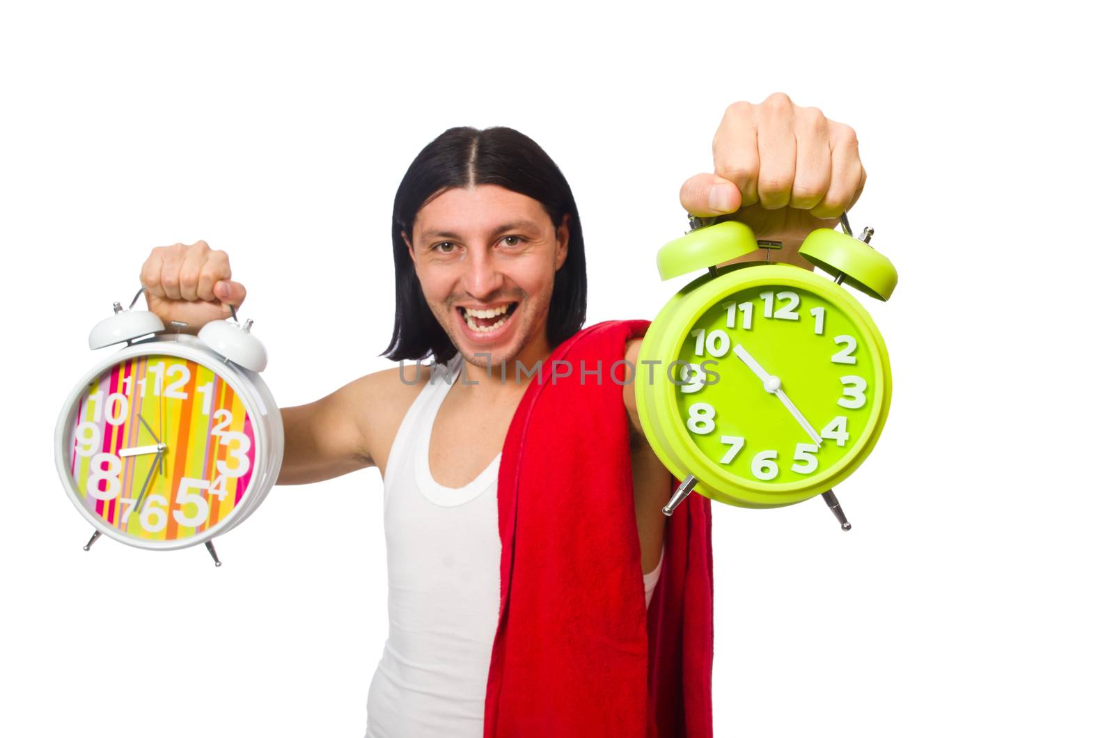 Funny man waking up in the morning on white