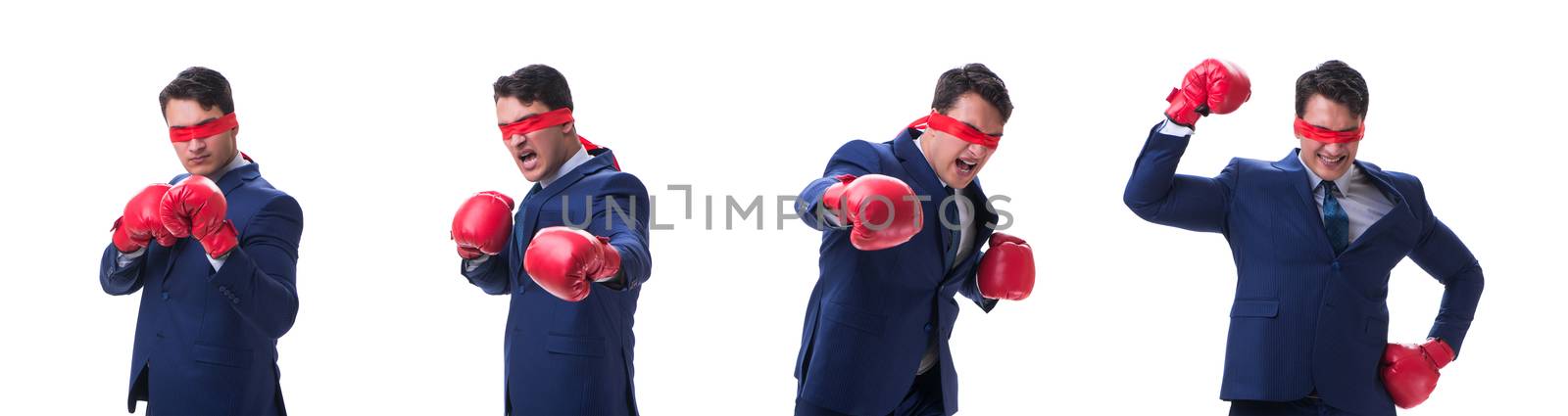 Lawyer with blindfold wearing boxing gloves isolated on white