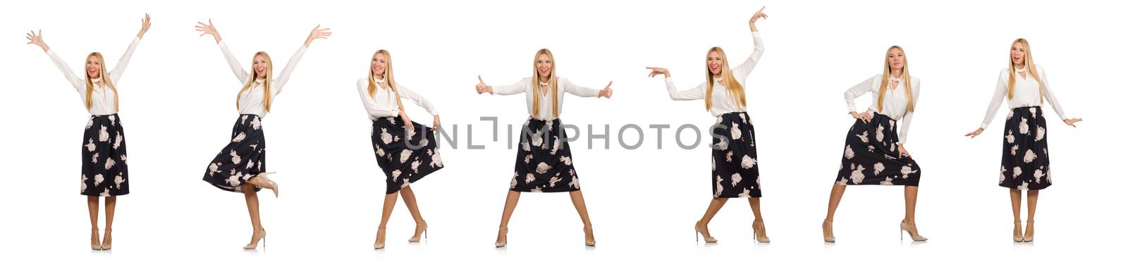 Pretty girl in black skirt with flowers isolated on white