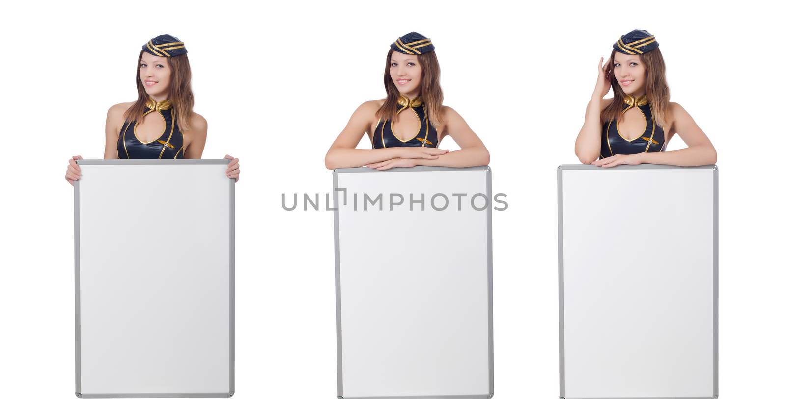 Young woman with blank board on white