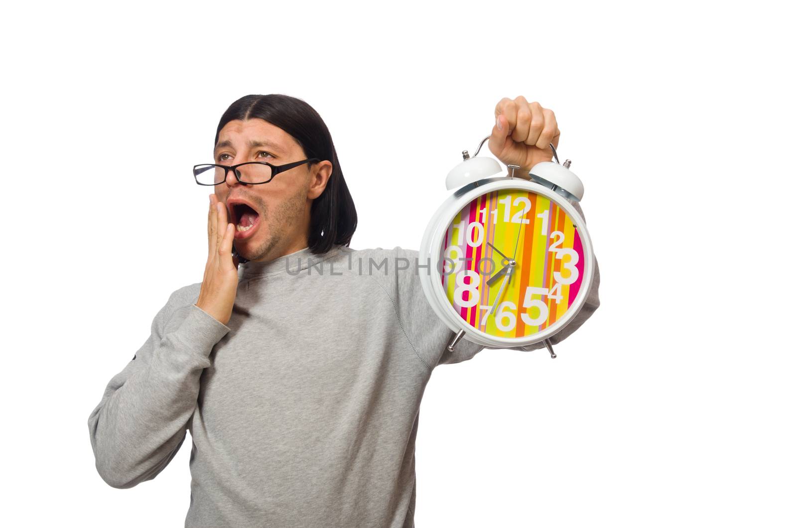 Funny man waking up in the morning on white
