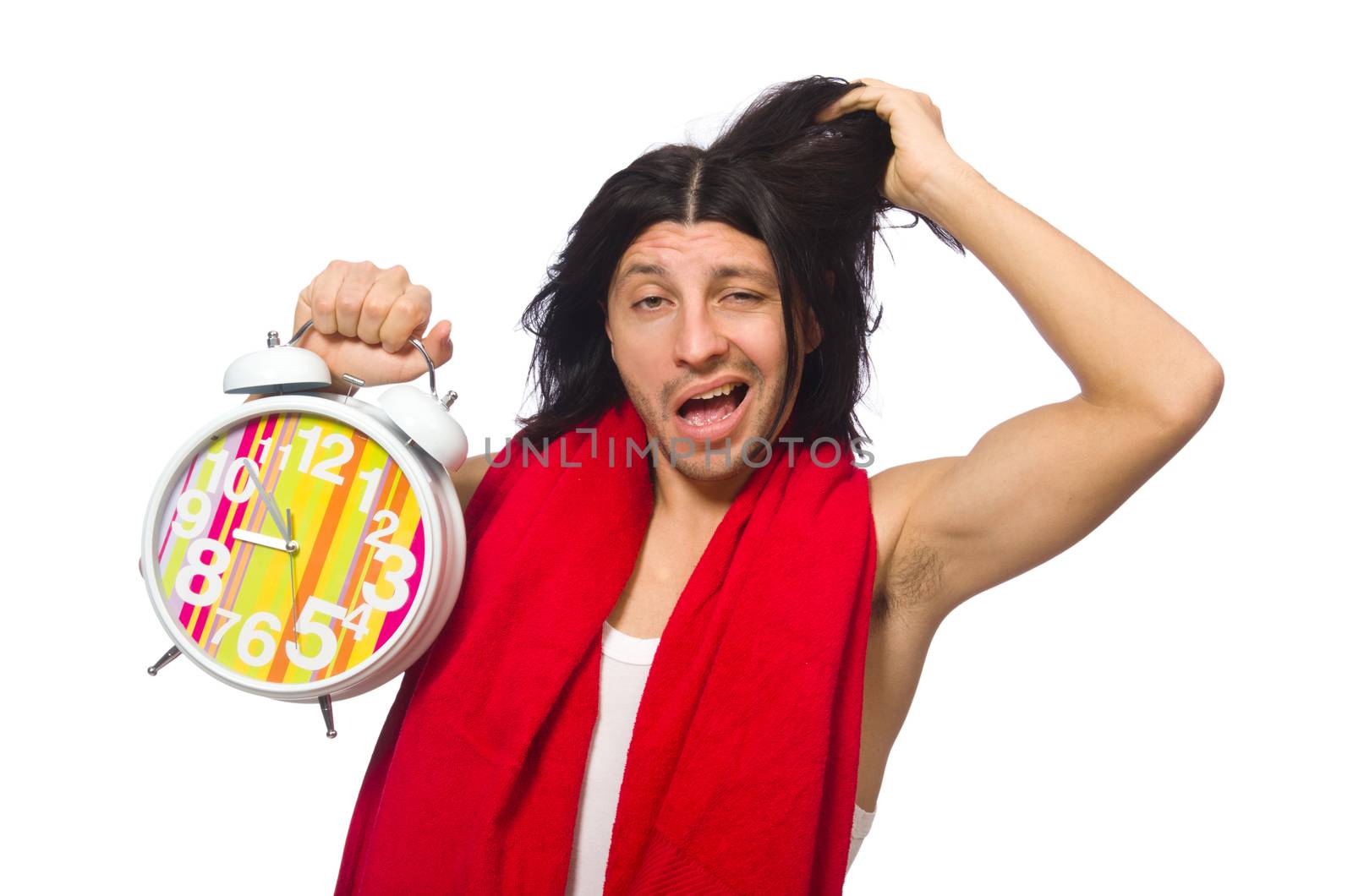 Funny man waking up in the morning on white