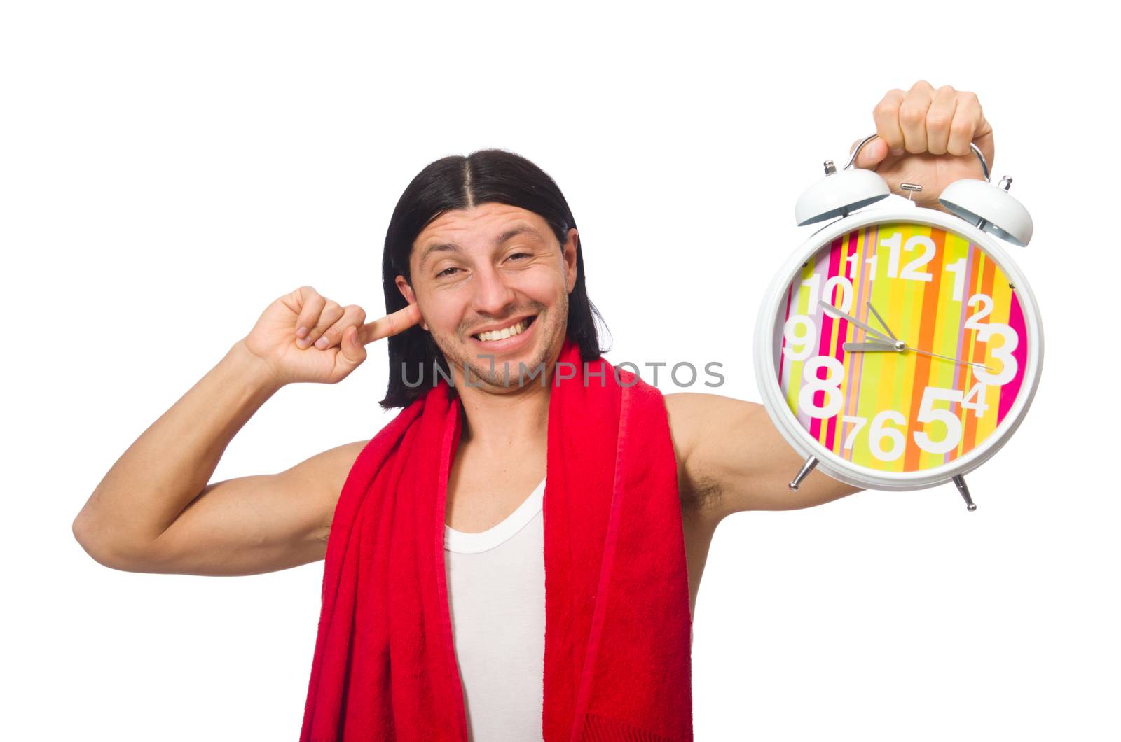 Funny man waking up in the morning on white