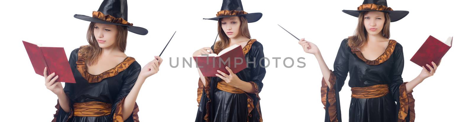 Witch with wand and book isolated on white