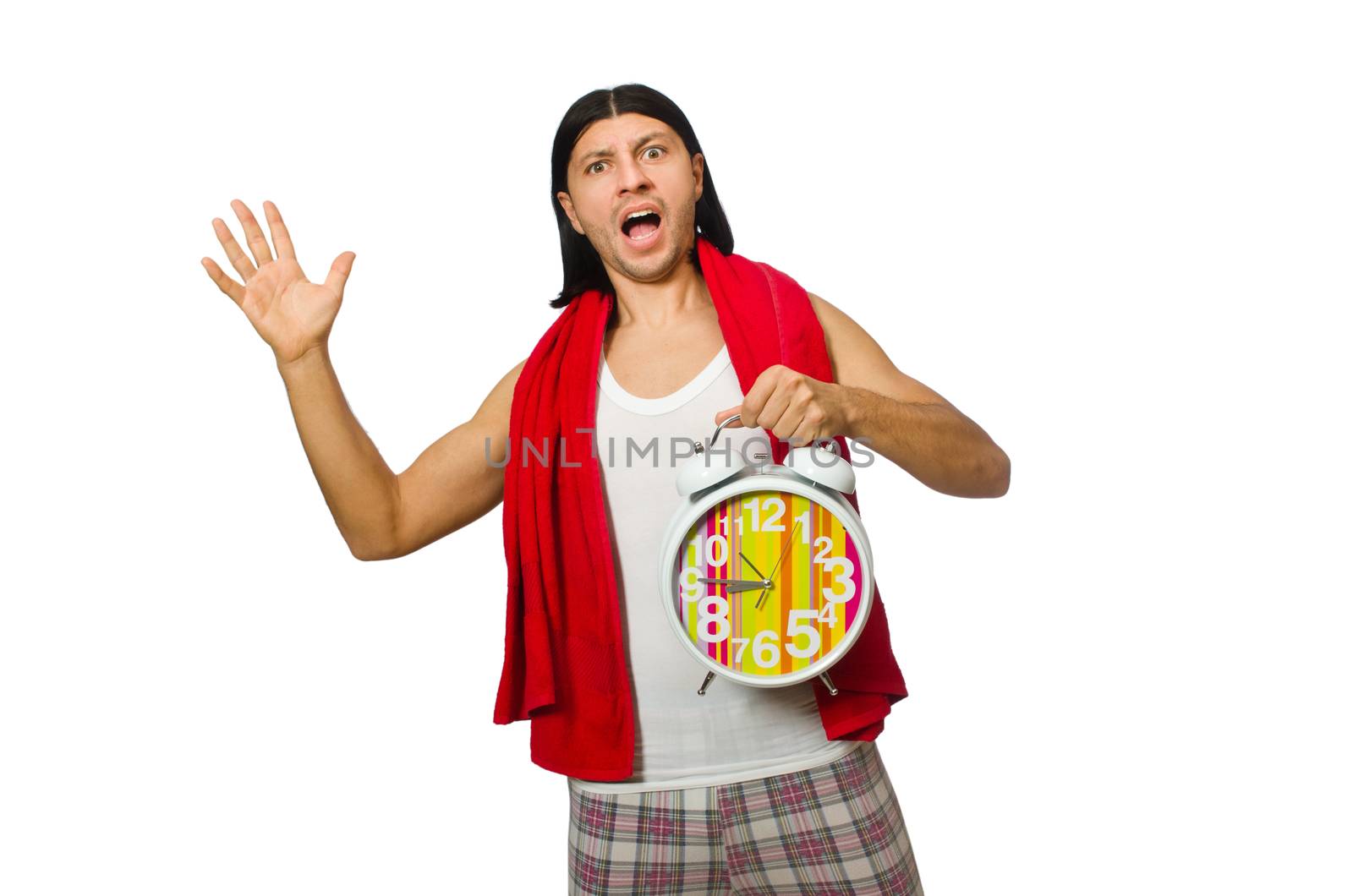 Funny man waking up in the morning on white