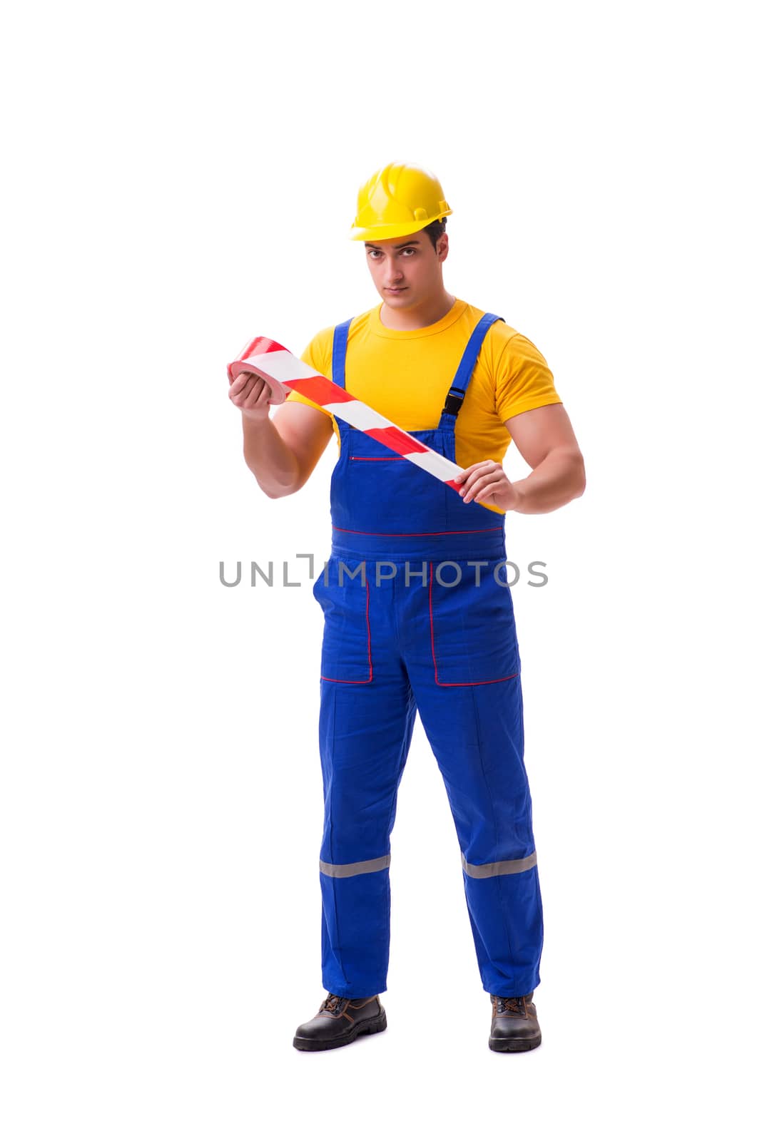 Funny worker wearing coveralls with tape by Elnur